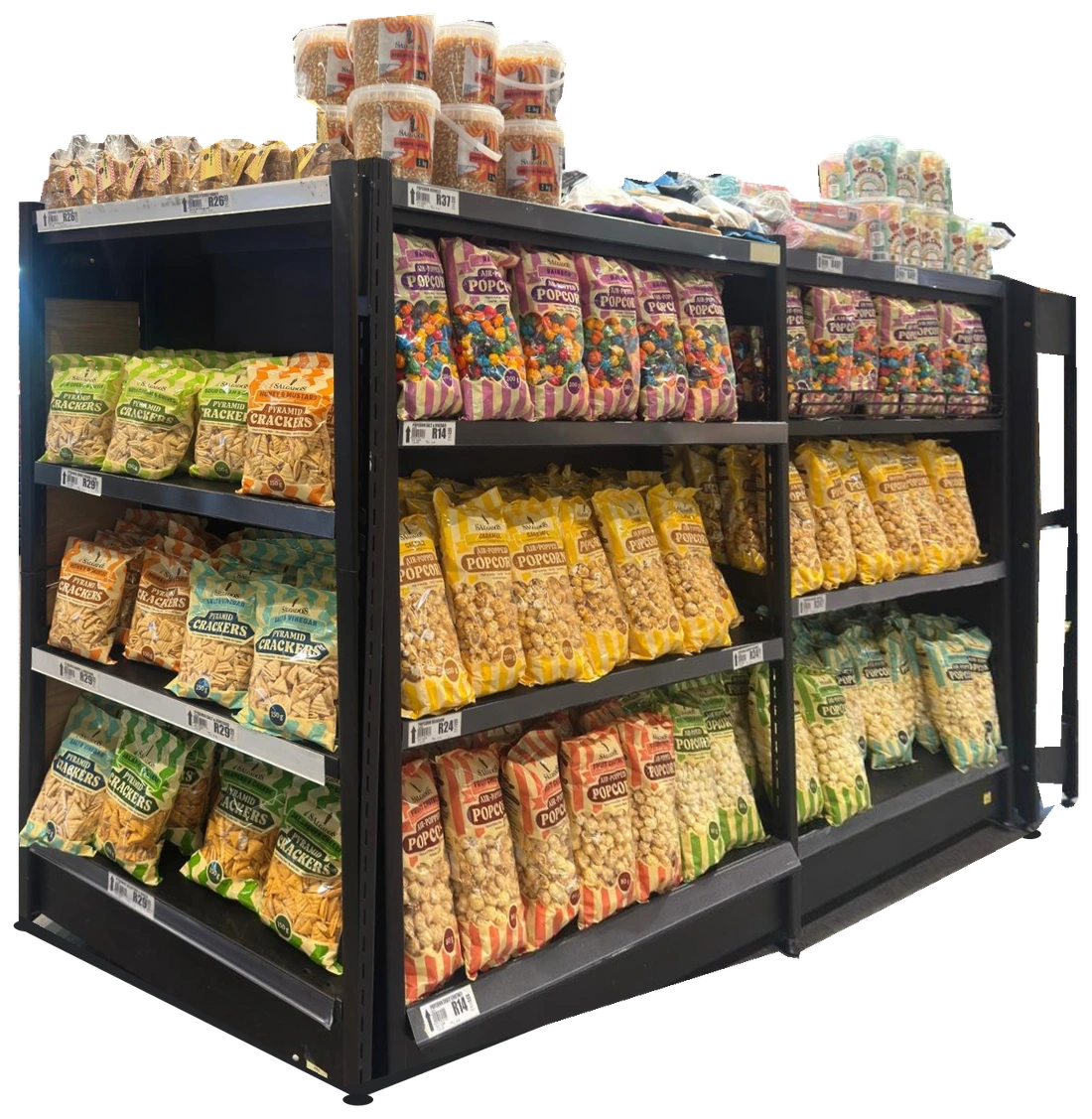 Salgado’s cracker and popcorn ranges on a full shop display shelf